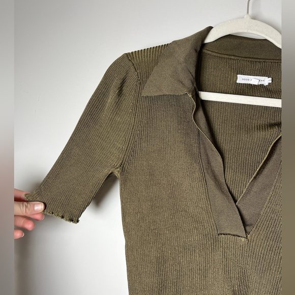 Good American Ribbed Knit Polo Top Olive Green Sz M - Picture 7 of 11